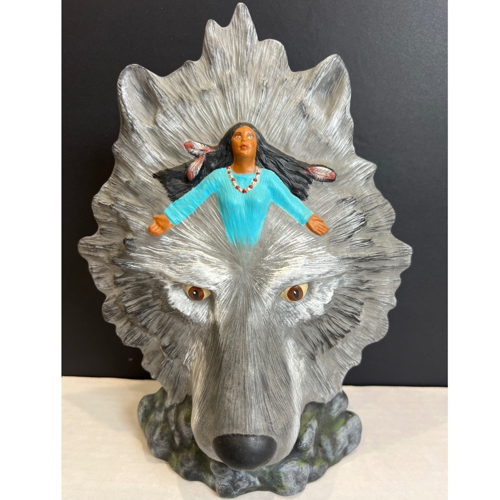 Vintage 2005  Ceramic Wolf Head Bust Native‎ American Woman Figure Sculpture